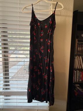 Black Floral Slip Dress with Red Accent
